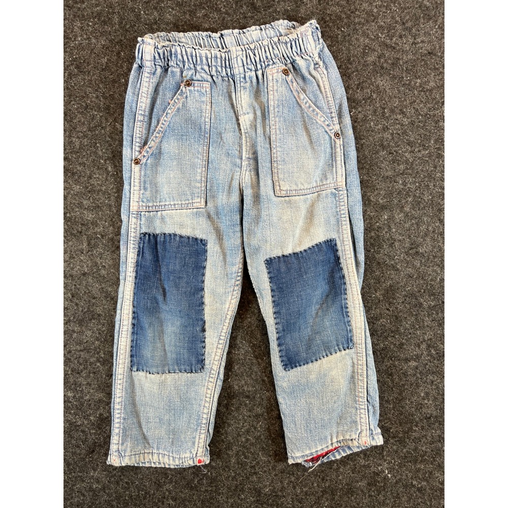 Vintage 1940s Kids Denim Jeans Light Wash Plaid Pants 3T Flannel Lined Patchwork